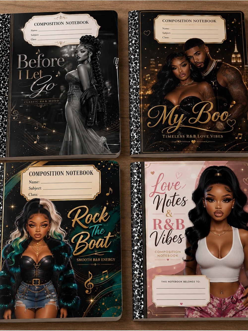 R&B Vibes Composition Notebook Set of 4 | Glamorous Black & Gold Designs